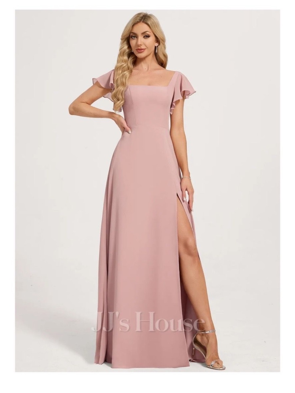 JJs House Dusty Rose Square Neck Maxi Dress with Ruffle Sleeves